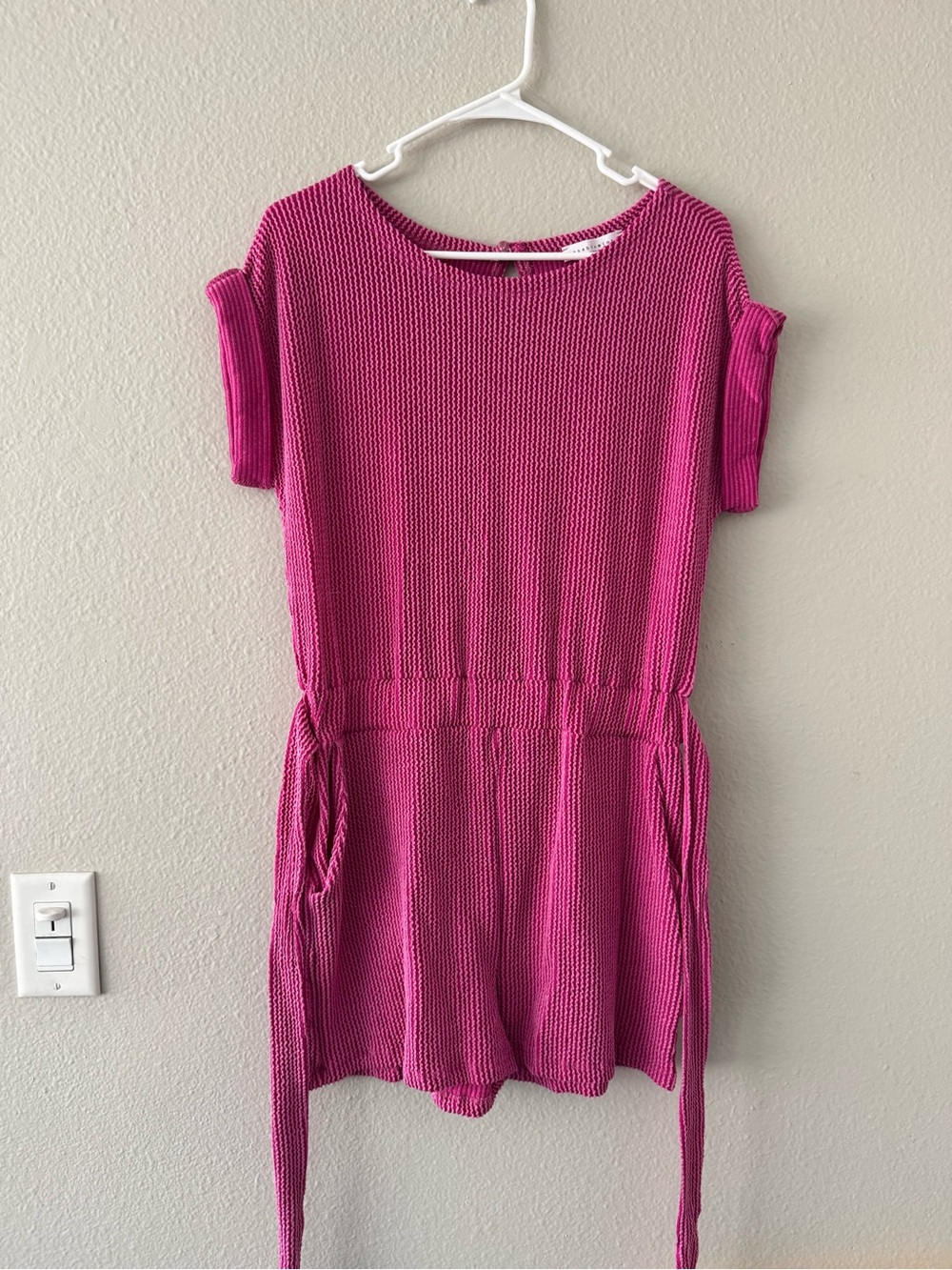 Wasabi + Mint Fuchsia Knit Short-Sleeve Romper with Tie Waist